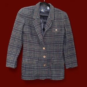 Lizsport Vintage Plaid Wool Blend Blazer Women's Petite Size 2 Navy Tweed